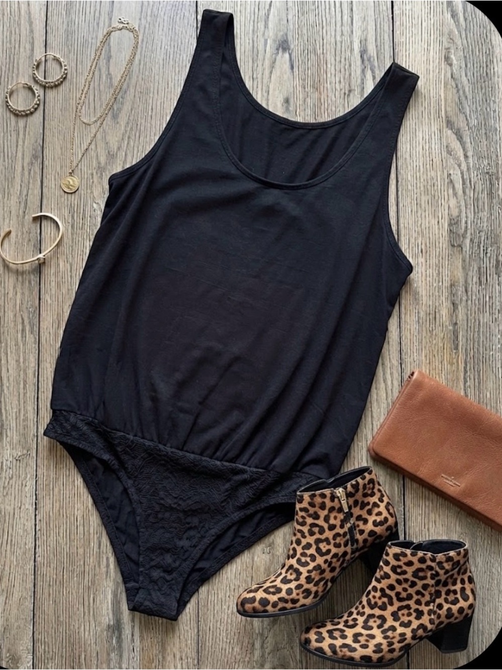 Free People Black Lace-Trim raw hem oversized Tank Bodysuit Bandeau fits size Lg